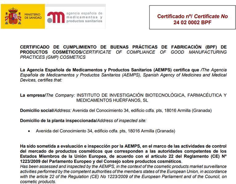 AEMPS  (Spanish Agency of Medicines and Medical Devices) grants INVES BIOFARM the GMP certification